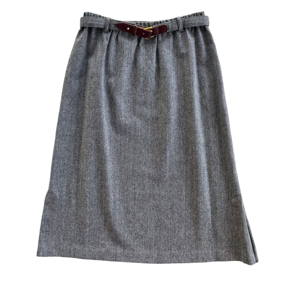 Century Womens Sz 12 Gray Cream Herringbone Wool Blend Belt Vintage A-line Skirt